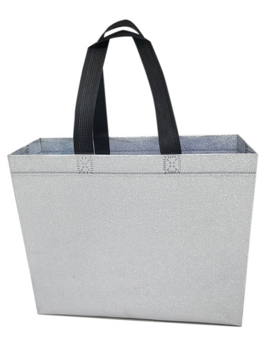 BOLSA TEJIDO NO TEJIDO TERMOSELLADA GLITTER PLATA 30X25+10 (CAJA 250 UDS.)