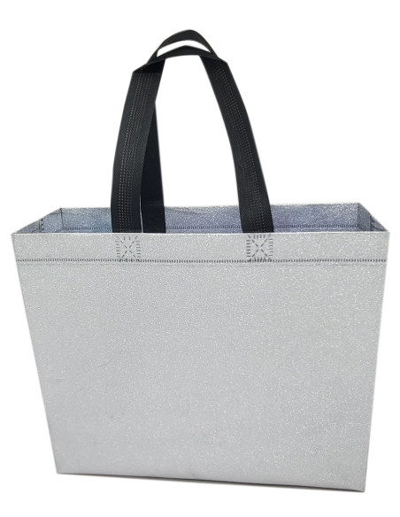 BOLSA TEJIDO NO TEJIDO TERMOSELLADA GLITTER PLATA 30X25+10 (CAJA 250 UDS.)