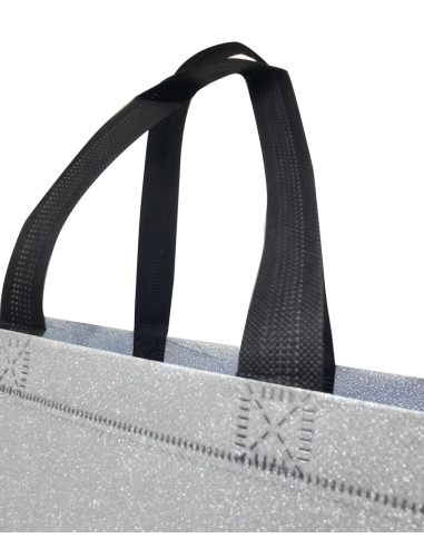 BOLSA TEJIDO NO TEJIDO TERMOSELLADA GLITTER PLATA 30X25+10 (CAJA 250 UDS.)