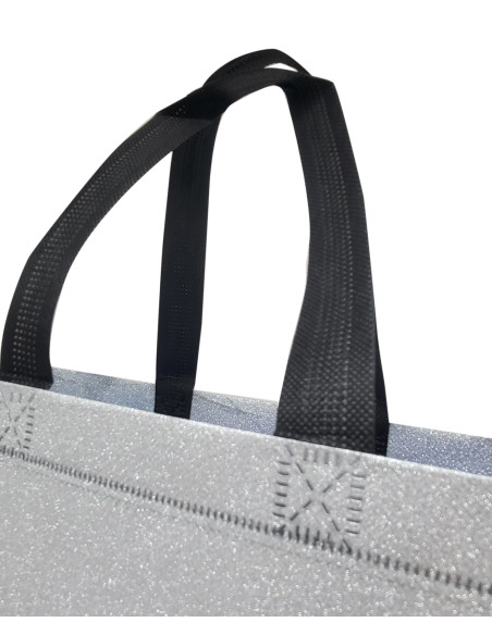 BOLSA TEJIDO NO TEJIDO TERMOSELLADA GLITTER PLATA 30X25+10 (CAJA 250 UDS.)