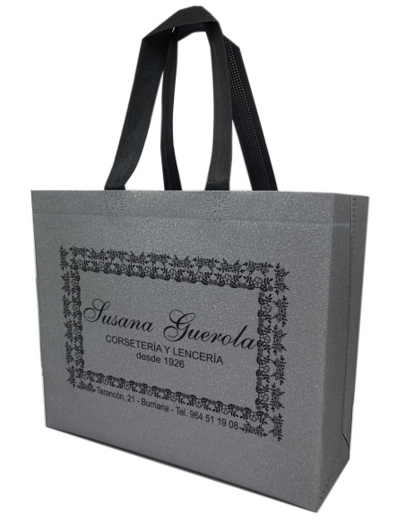 BOLSA TERMOSELLADA GLITTER GRIS PERSONALIZADA 40x34+14 (CAJA 250 UDS.)