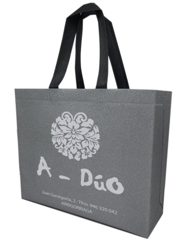 BOLSA TERMOSELLADA GLITTER GRIS PERSONALIZADA 40x34+14 (CAJA 250 UDS.)