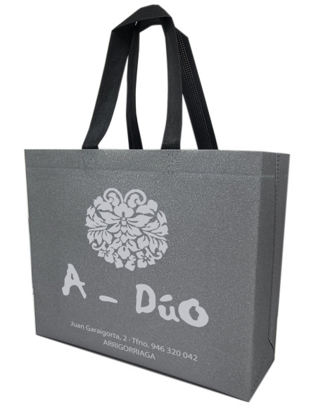 BOLSA TERMOSELLADA GLITTER GRIS PERSONALIZADA 40x34+14 (CAJA 250 UDS.)
